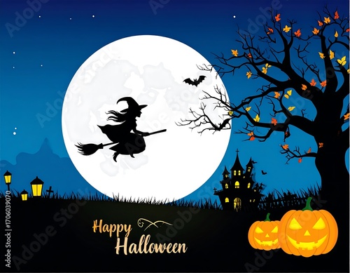 Halloween witch silhouette flies by full moon