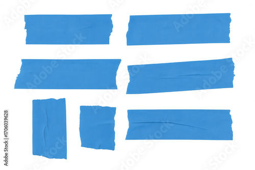 Realistic blue adhesive tape strips with torn edges, displaying wrinkled texture against transparent backdrop, suitable for graphic design needs