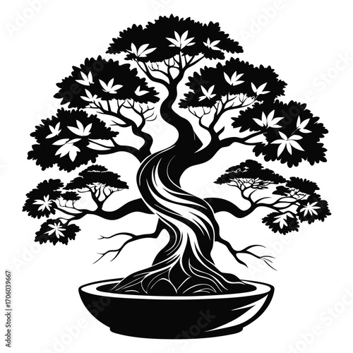 Striking Silhouette of a Twisted Bonsai Tree Symbolizing Harmony and Balance in Japanese Art
