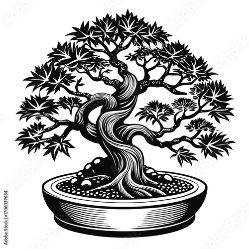 Monochrome Bonsai Tree Illustration Serene Miniature Tree Cultivation Japanese Art Detailed Silhouette Black and White Design