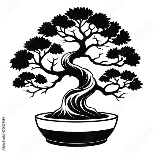Serene Bonsai Tree Silhouette Elegance in a Minimalist Monochrome Design