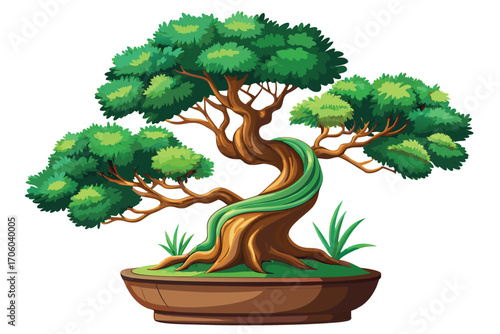 Illustration of a Graceful Bonsai Tree in a Brown Pot with Vibrant Green Foliage