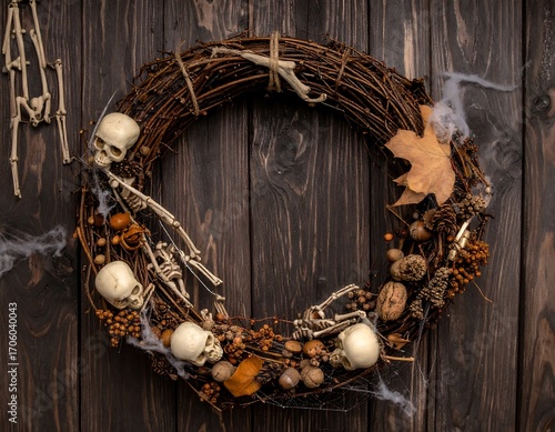 Halloween wreath on dark wood