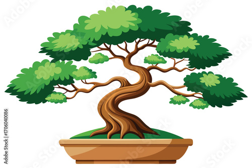 Stylized Bonsai Tree in a Pot Vector Illustration with Detailed Trunk and Green Leaves