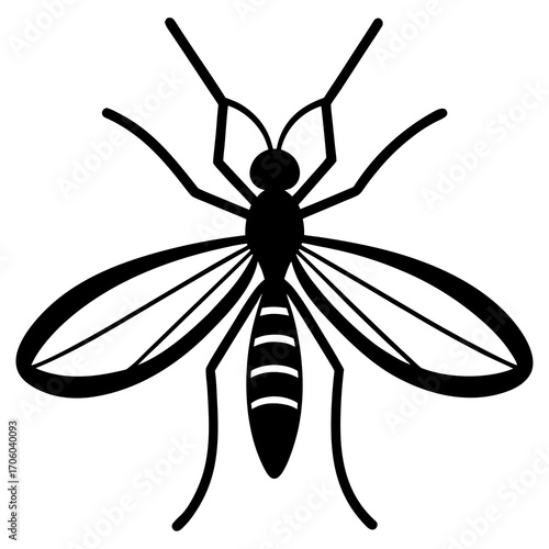 Stylized black silhouette of a mosquito with wings and legs spread on a white background