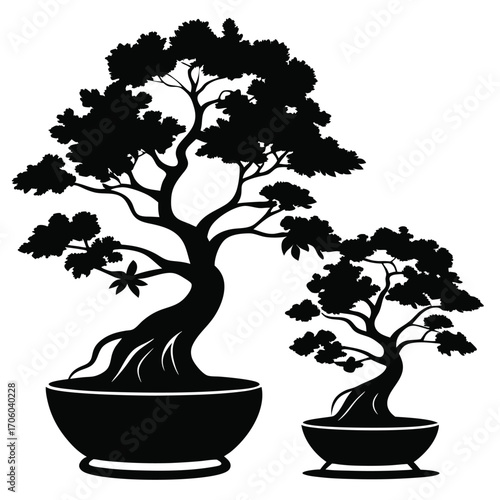 Silhouette Depiction of Two Bonsai Trees in Pots Asian Art