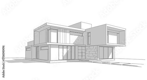 A detailed architectural sketch of a modern, multi-story house with large windows and geometric shapes, rendered in a minimalist style.