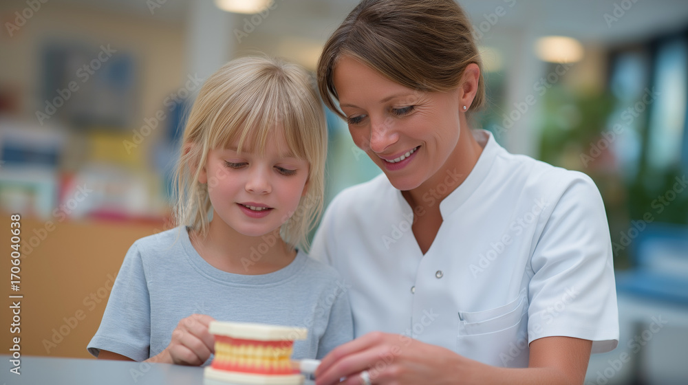 Obraz premium Dental Hygiene Education: A dentist showing a child how to brush with a toothbrush a model of teeth and a colorful pediatric clinic. high quality photo ultra high detail 8K