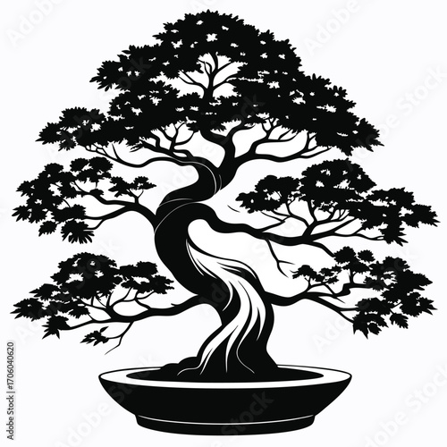 Monochrome Bonsai Tree Silhouette with Intricate Branches and Leaves in a Decorative Pot Detailed Vector Art