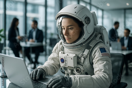 Astronaut in Office: A determined astronaut, still in full gear, intensely works on a laptop in a modern office setting, blurring the lines between worlds. 