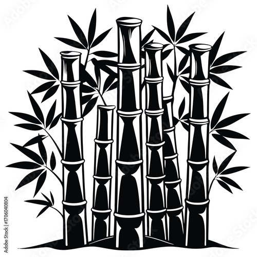 Monochrome Bamboo Stalks and Leaves Graphic Design Simple Asian Style Illustration