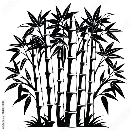 Bamboo Grove Silhouette Serene Asian Plant Design Black and White Zen Illustration