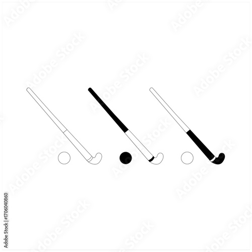 A clean, simple vector graphic illustration of three field hockey sticks positioned with a ball under each.