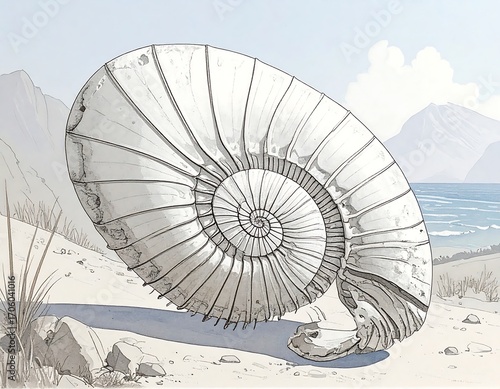 Fossil seashell on sandy beach