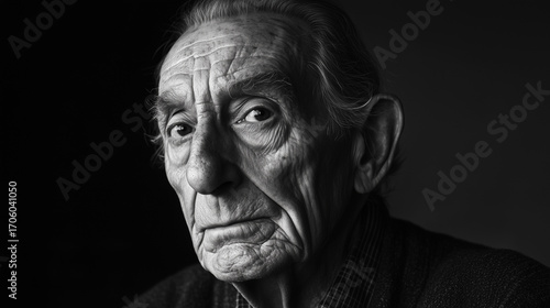 Black and white portrait of elderly man with deep wrinkles