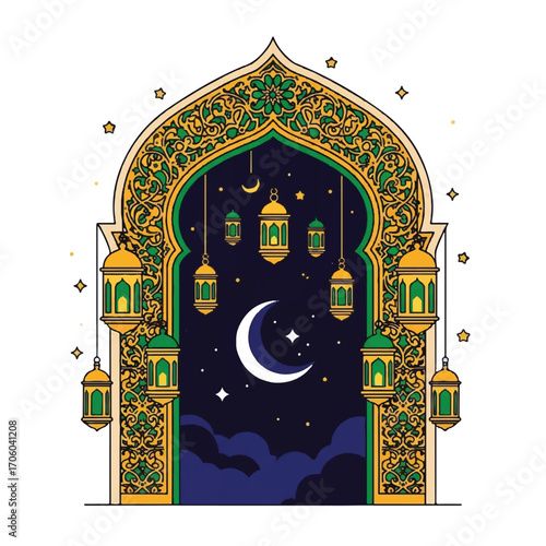 Illustration of an ornate Islamic archway with lanterns and a crescent moon on a dark blue night sky background with gold, green, and yellow patterns.