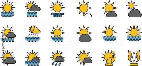 Weather forecast icons set sun cloud rain sea vector graphics
