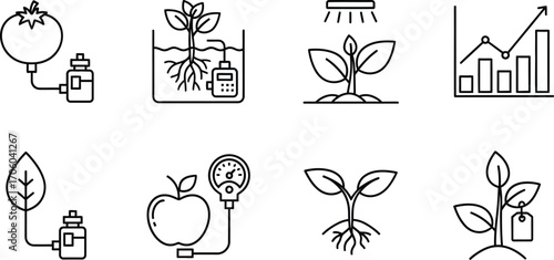 Hydroponics and agriculture technology vector line icon set