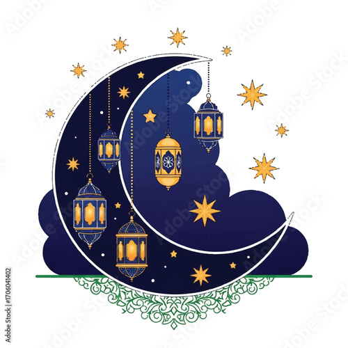 Illustration of a crescent moon with hanging lanterns and stars on a dark blue background with green foliage at the bottom against a white backdrop.