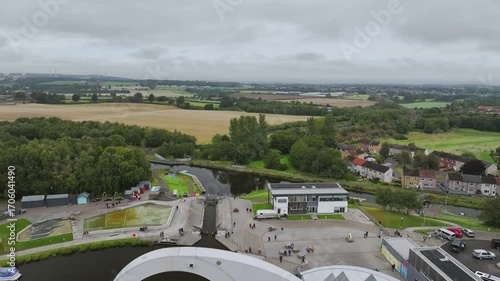 Falkirk Wheel from a drone, Forth and Clyde Canal, Falkirk, Scotland, UK