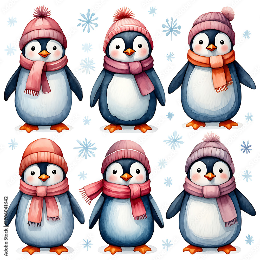 Fototapeta premium Adorable Watercolor Penguin Collection Wearing Winter Hats and Scarves surrounded by Delicate Snowflakes Perfect for Festive Holiday Projects