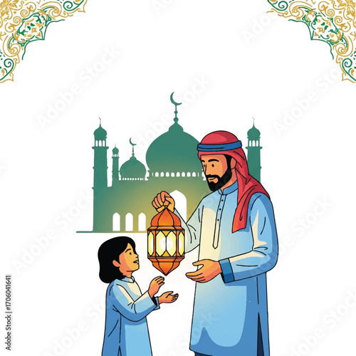Illustration of a man and a girl in traditional Arabic clothing holding a lantern with a mosque in the background, symbolizing Ramadan or Eid celebration.