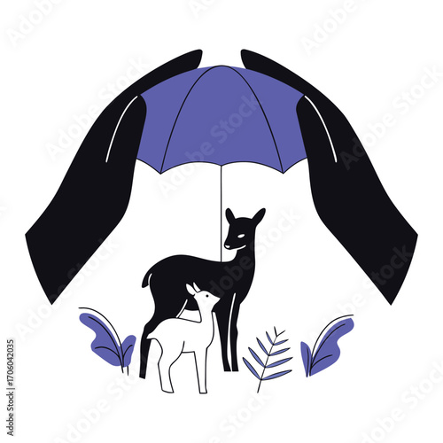 Vector art of two hands holding an umbrella over a deer and fawn, protecting them from danger