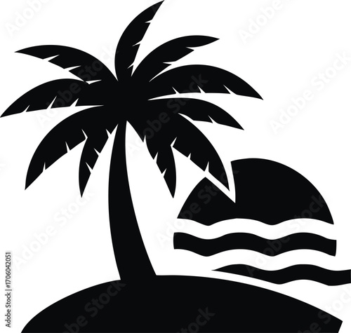 Tropical sunset palm tree silhouette over calm ocean waters isolated on white background isolated on transparent background