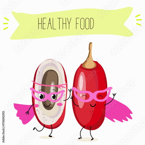 Miracle fruit funny characters, hand drawn vector illustration.