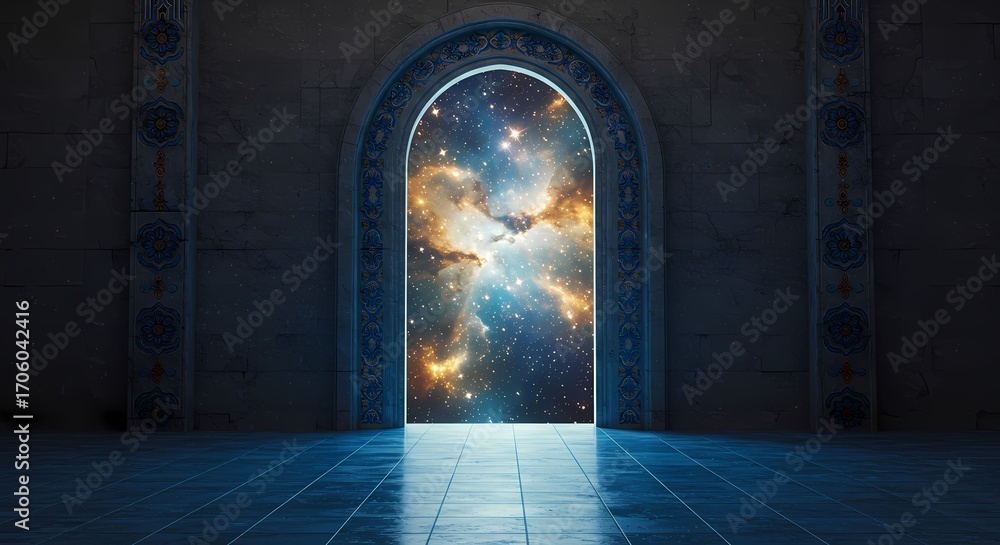 Fototapeta premium Ornate archway reveals a breathtaking view of a vibrant nebula and distant stars