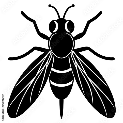 Stylized black silhouette of a fly with large eyes and striped abdomen
