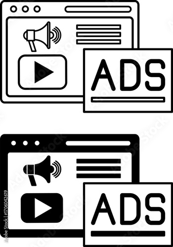 Advertising Icons. Black and White Vector Illustration. Website, Megaphone, Video Player and Active Brand Advertisement. Advertise for Attracting Customers. Digital Marketing Concept