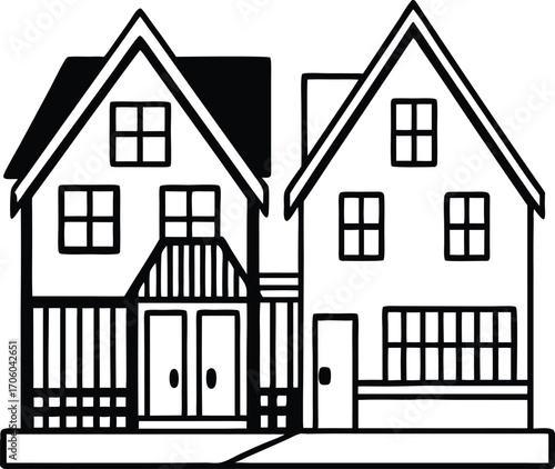 Two vibrant colorful houses side by side in an urban neighborhood isolated on white background isolated on transparent background