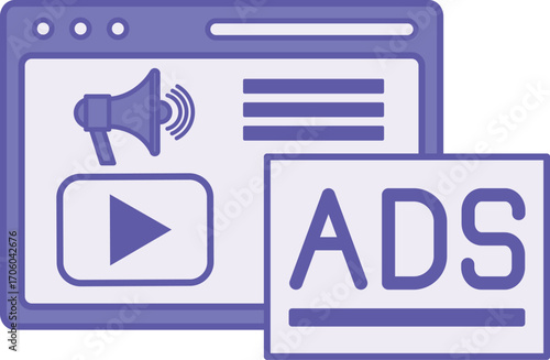 Colored Advertising Icon. Vector Illustration. Website, Megaphone, Video Player, and Active Brand Advertisement. Advertise for Attracting Customers. Digital Marketing Concept