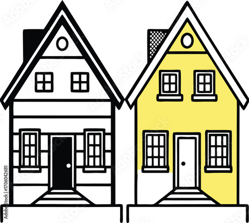 Two vibrant colorful houses side by side in a suburban neighborhood isolated on white background isolated on transparent background