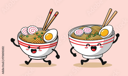 Happy Kawaii Ramen Noodle Bowls Running with Chopsticks