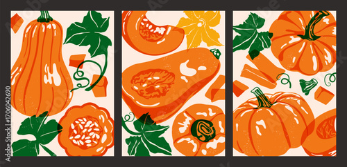 Pumpkin posters. Thanksgiving celebration cards with pumpkins, butternut squash and leaves, autumn vegetables harvest festival holiday banners, modern food backgrounds. Vector set
