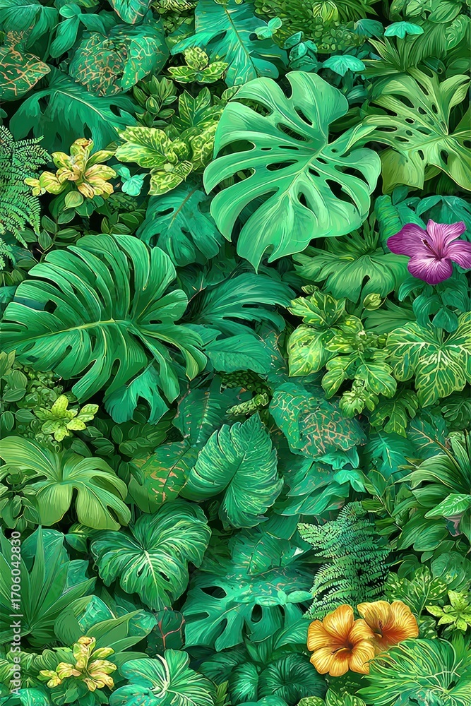 Fototapeta premium Lush arrangement of varied green foliage. Monstera leaves are prominent, with bursts of purple and orange blooms. The scene evokes a tropical, dense jungle