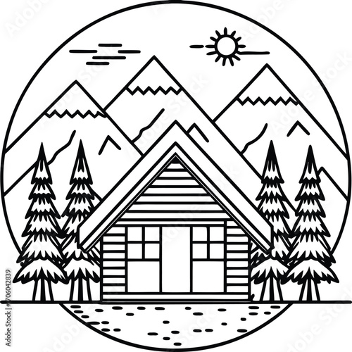 Serene wooden cabin nestled among pine trees in majestic mountains isolated on white background isolated on transparent background