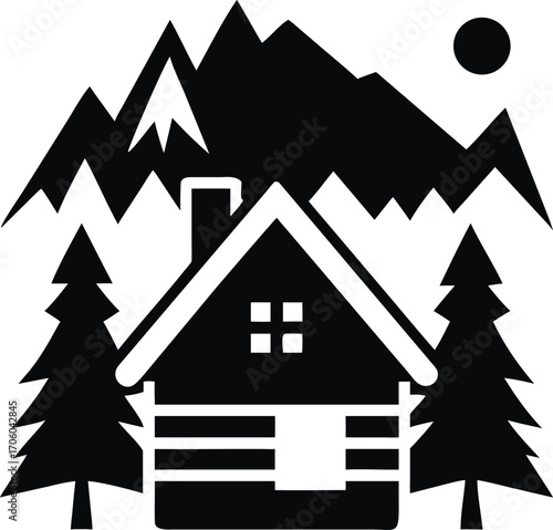 Rustic wooden cabin nestled among pine trees in a scenic mountain landscape isolated on white background isolated on transparent background