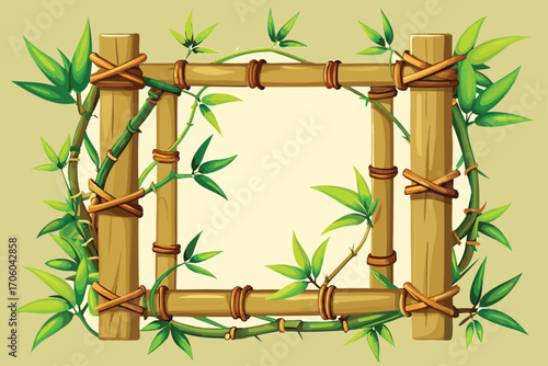 Bamboo Frame with Green Leaves Vector Illustration