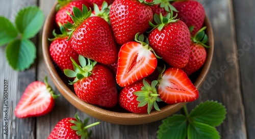 Fresh Strawberries in Wooden Bowl with Rustic Style