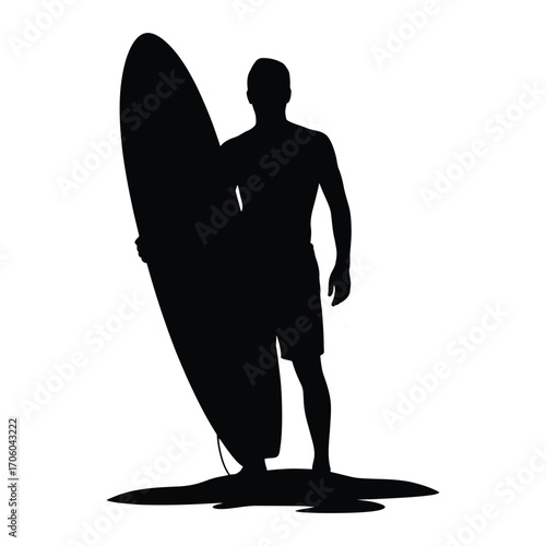 Silhouette of a surfer holding a surfboard against a white background