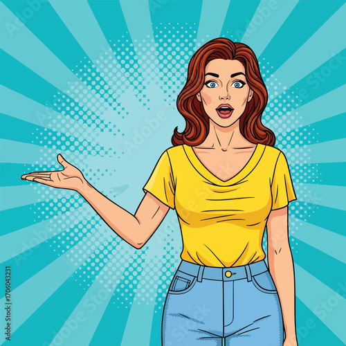 A surprised young woman with an open mouth gesturing with her hand in a pop art comic style.