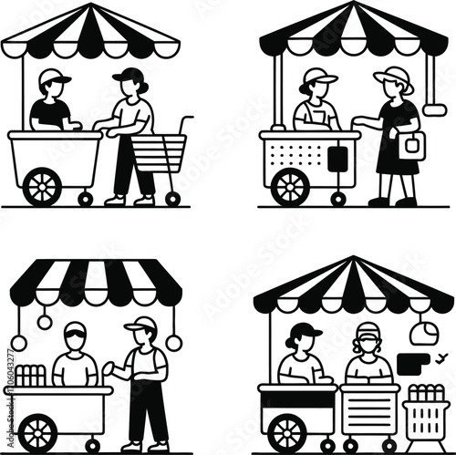 Marketplace Interaction Icons – Vendor Stalls with Canopy, Buyers & Product Exchange