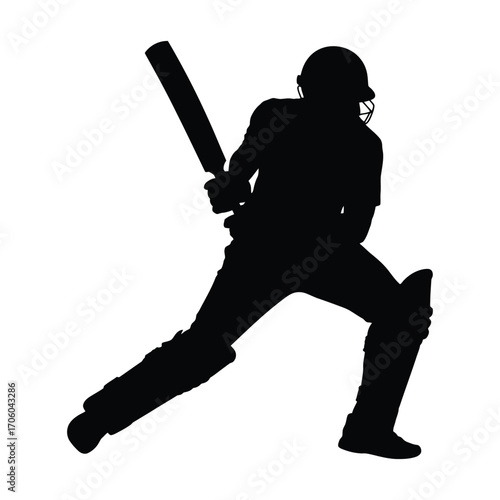 Silhouette of a cricket player in action with bat and pads ready to hit