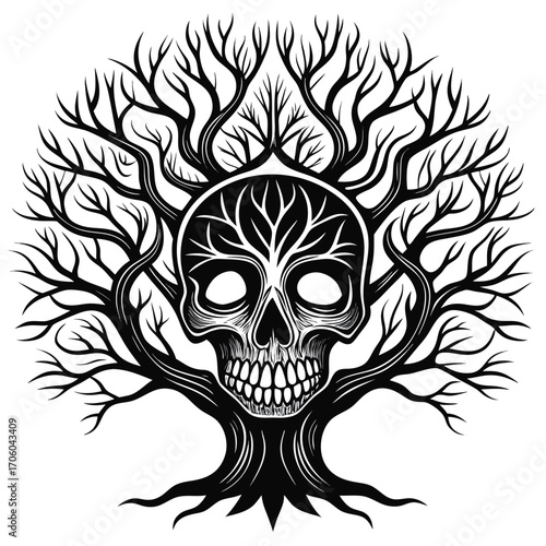 Skull Tree of Life Macabre and Symbolic Black and White Illustration