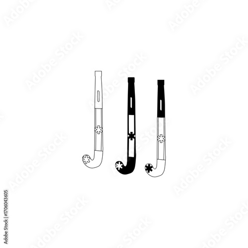 A clean, vector graphic illustration of three hockey sticks in various shades of black and white.