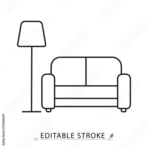 Lounge line icon with editable stroke. Vector outline of sofa and floor lamp. Minimalist symbol for hotel lobby, relaxation area, interior, comfort, living room, hospitality and leisure design.