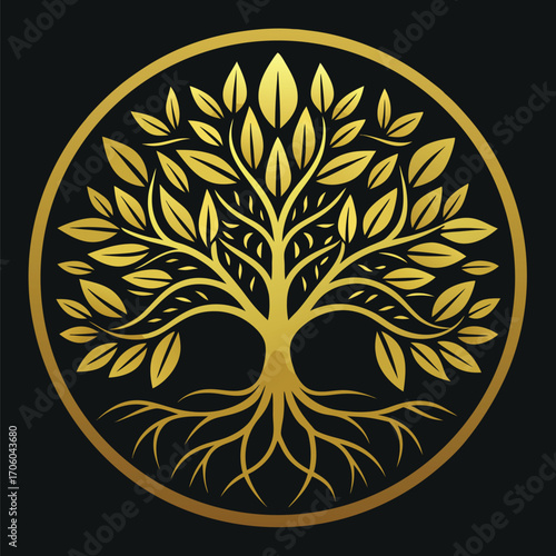 Elegant Golden Tree of Life Symbol in Circular Frame Represents Growth and Connectivity